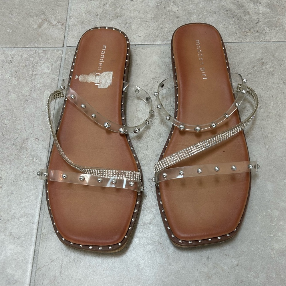 Madden Girl Tan and Clear Studded Sandals